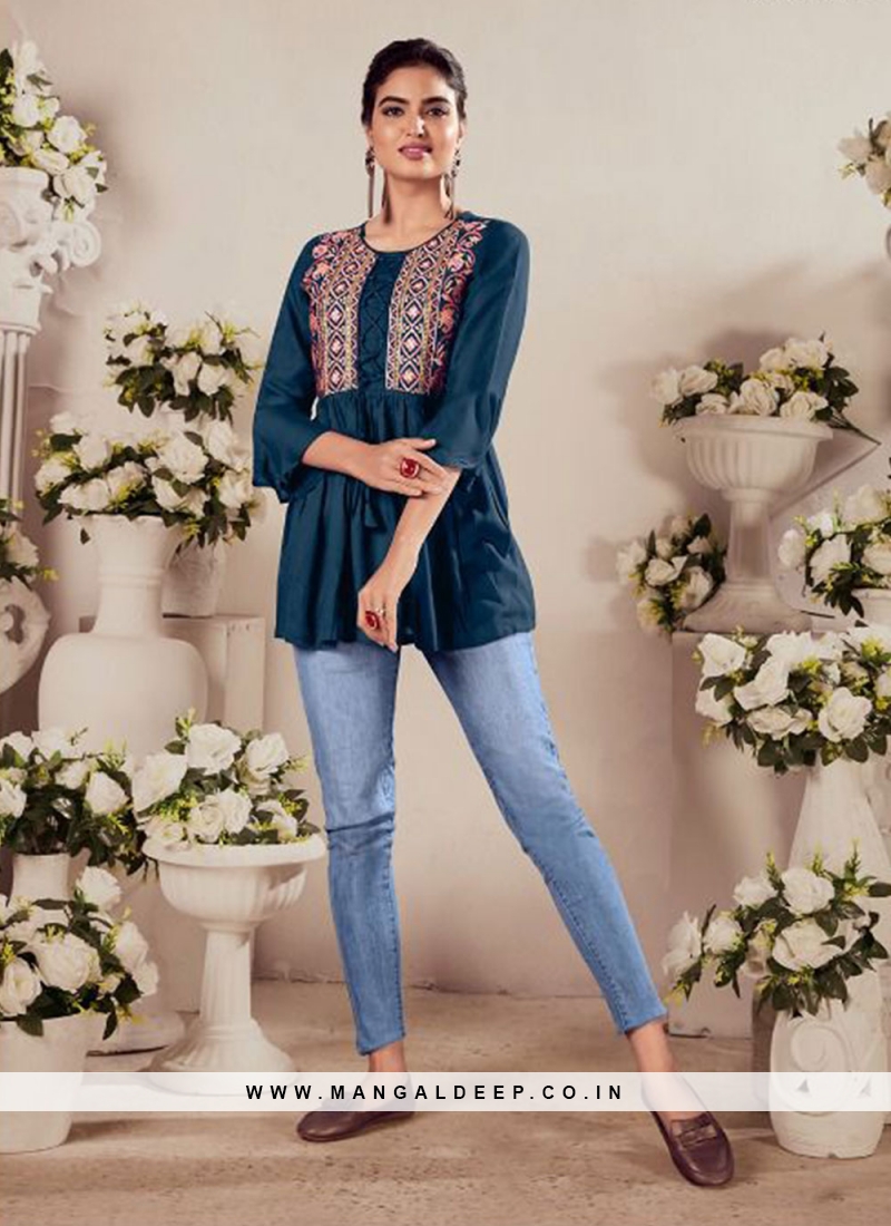 Navy Blue Floral Embroidered Cotton Blend Kurti