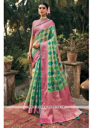 Elegant Pink & Green Organza Weaving Pattern Saree