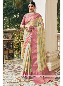 Elegant Pink & Neon Organza Weaving Pattern Saree