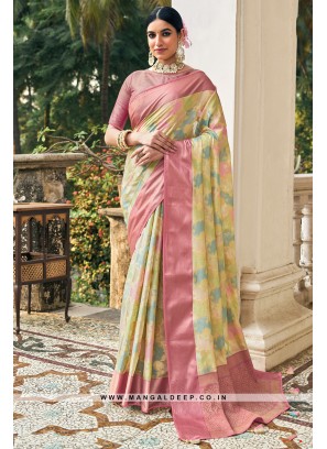 Elegant Pink & Neon Organza Weaving Pattern Saree