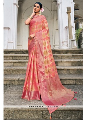 Elegant Pink & Peach Organza Weaving Pattern Saree