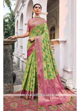 Elegant Pink & Pista Organza Weaving Pattern Saree