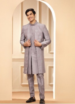 Elegant Purple Raw Silk Indowestern Suit For Wedding