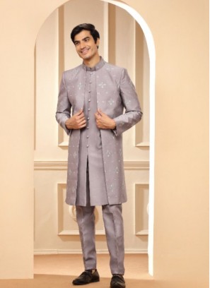 Elegant Purple Raw Silk Indowestern Suit For Wedding