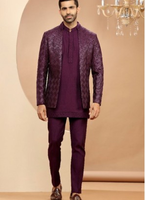 Elegant Purple Silk Indowestern Suit For Reception
