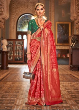 Elegant Red Weaving Banarasi Silk Designer Saree