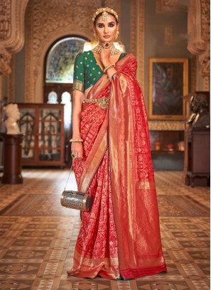 Elegant Red Weaving Banarasi Silk Designer Saree