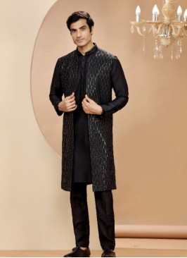 Elegant Silk Black Indowestern Suit For Reception