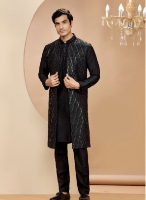 Elegant Silk Black Indowestern Suit For Reception