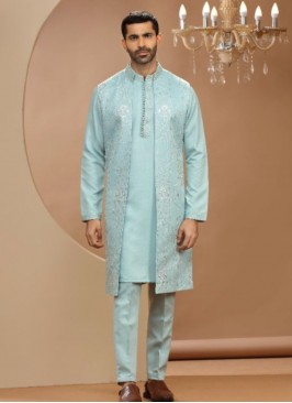 Elegant Sky Blue Silk Wedding Indowestern Suit