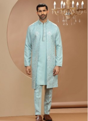 Elegant Sky Blue Silk Wedding Indowestern Suit