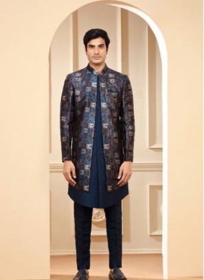 Elegant Teal Blue Indowestern Suit For Reception