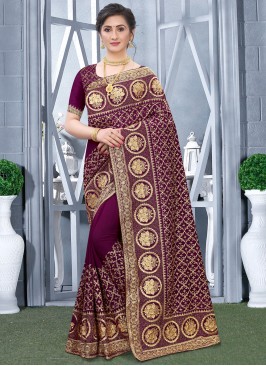 Elegant Wine Fancy Fabric Designer Traditional Sar