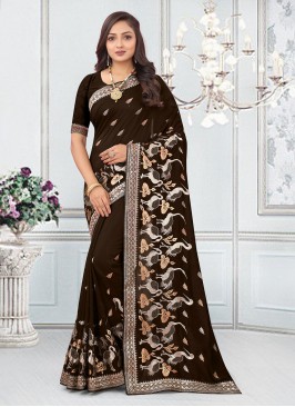 Elegant Zari Vichitra Silk Brown Classic Saree