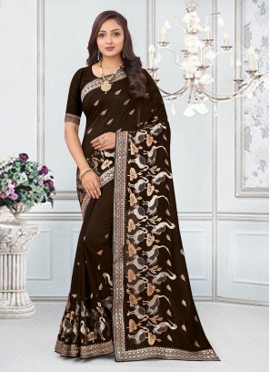 Elegant Zari Vichitra Silk Brown Classic Saree