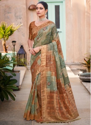 Elite Brown and Green Engagement Trendy Saree