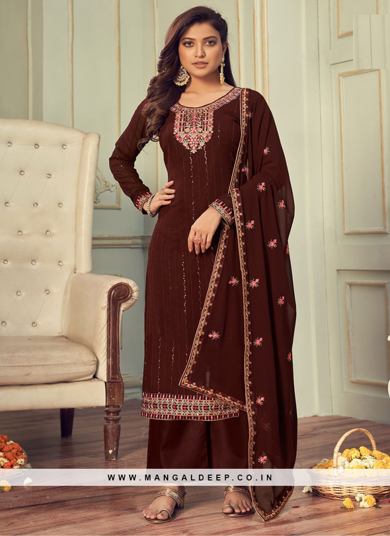 Elite Brown Embroidered Designer Pakistani Salwar Suit