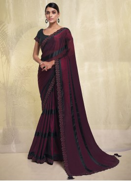 Elite Georgette Burgundy Lace Contemporary Saree