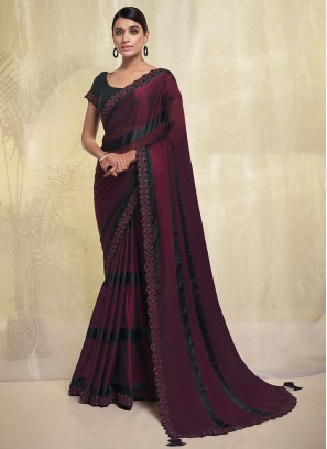 Elite Georgette Burgundy Lace Contemporary Saree