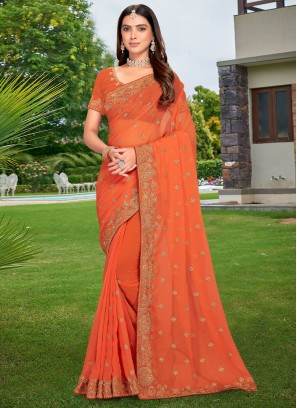 Elite Georgette Zari Peach Traditional Saree