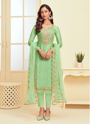 Elite Green Faux Georgette Pant Style Suit