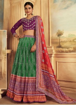 Elite Mirror Silk Green and Purple A Line Lehenga Choli