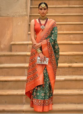 Elite Patola Silk  Weaving Green and Orange Contemporary Saree