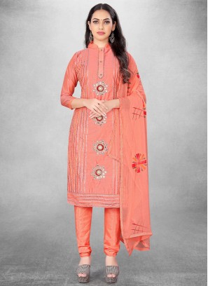 Elite Peach Handwork Cotton Straight Salwar Kameez