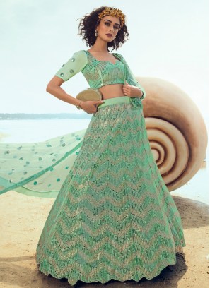 Elite Sequins Net Green A Line Lehenga Choli