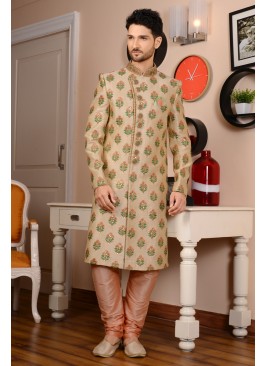 Emboidered Cream Designer Churidar Style Wedding Sherwani