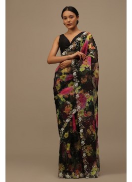 Embroidered black Soft Organza Designer Saree Set.