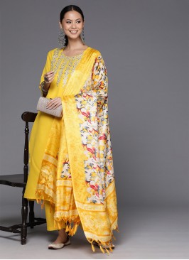 Embroidered Blended Cotton Palazzo Salwar Suit in Yellow