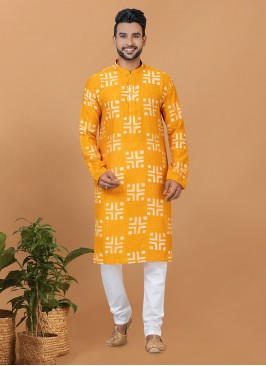 Embroidered Chanderi Kurta Pyjama in Mustard
