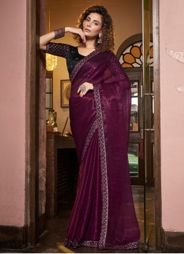 Embroidered Chiffon Casual Saree in Purple