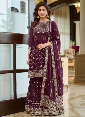 Embroidered Chinon Designer Pakistani Salwar Suit in Purple