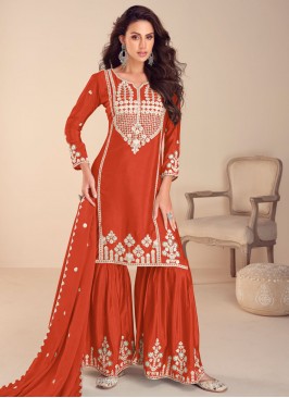 Embroidered Chinon Trendy Salwar Kameez in Rust