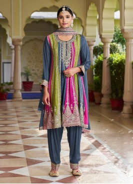 Embroidered Chinon Trendy Salwar Suit in Blue