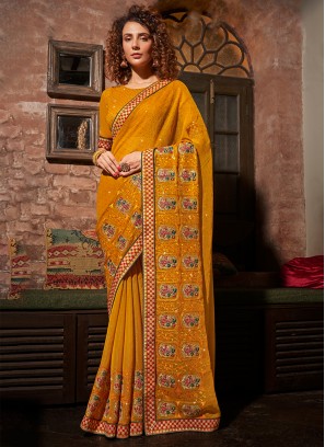 Embroidered Chinon Trendy Saree in Mustard