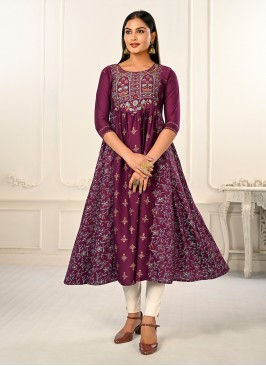 Embroidered Cotton Floor Length Kurti in Wine