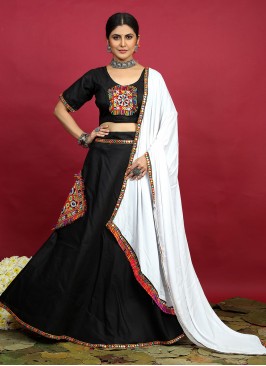 Embroidered Cotton Lehenga Choli in Black