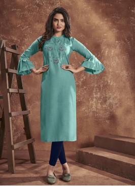 Embroidered Cotton Party Wear Kurti in Blue