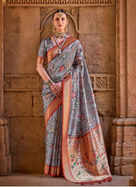 Embroidered Fancy Fabric Contemporary Style Saree in Grey
