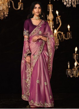 Embroidered Fancy Fabric Trendy Saree in Purple