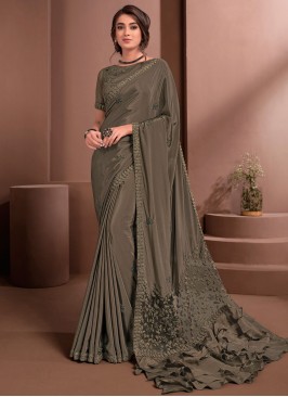 Embroidered Faux Crepe Classic Designer Saree in Brown