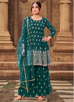 Embroidered Faux Georgette Designer Pakistani Suit in Green