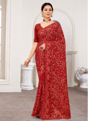 Embroidered Faux Georgette Designer Saree in Maroon