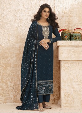 Embroidered Faux Georgette Designer Straight Salwar Suit in Blue