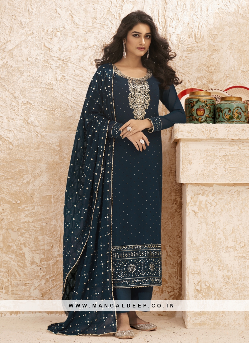 Buy Embroidered Work Georgette Pakistani Straight Salwar Suit Online