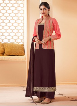 Embroidered Faux Georgette Jacket Style Suit in Wine