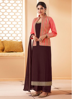 Embroidered Faux Georgette Jacket Style Suit in Wine